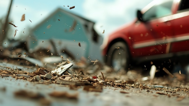 A tornado tore through a small town, causing damage to houses and vehicles with debris swirling in the violent winds.