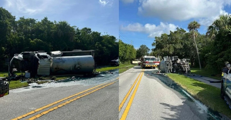Caminhão de esgoto tombado fecha a Indian River Drive