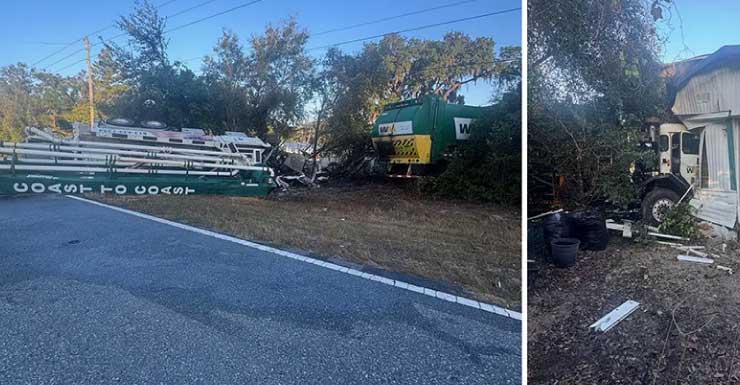 Caminhão de lixo colide com casa móvel em Hernando após acidente com caminhão de bombeamento