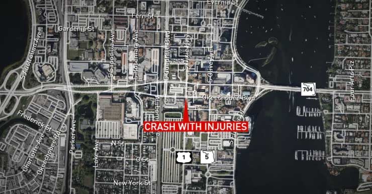 Acidente com feridos causa congestionamento no centro de West Palm Beach