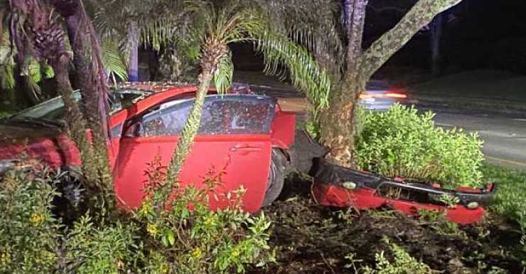 Carro colide contra árvore na Three Oaks Parkway em Estero