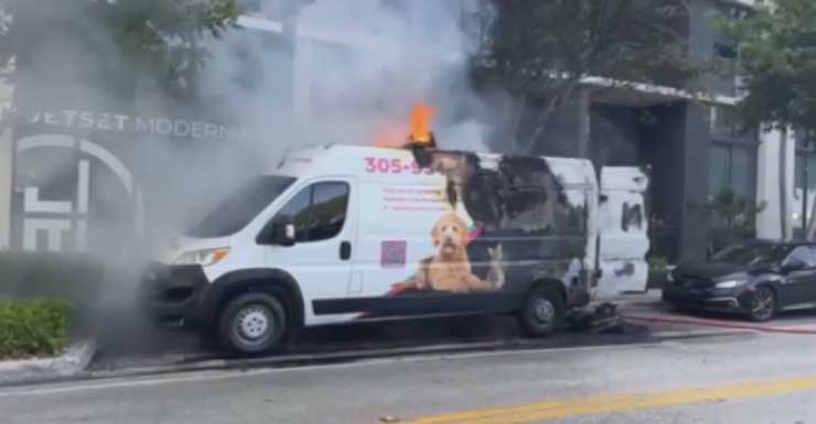 Caminhão de banho e tosa estacionado é destruído por incêndio