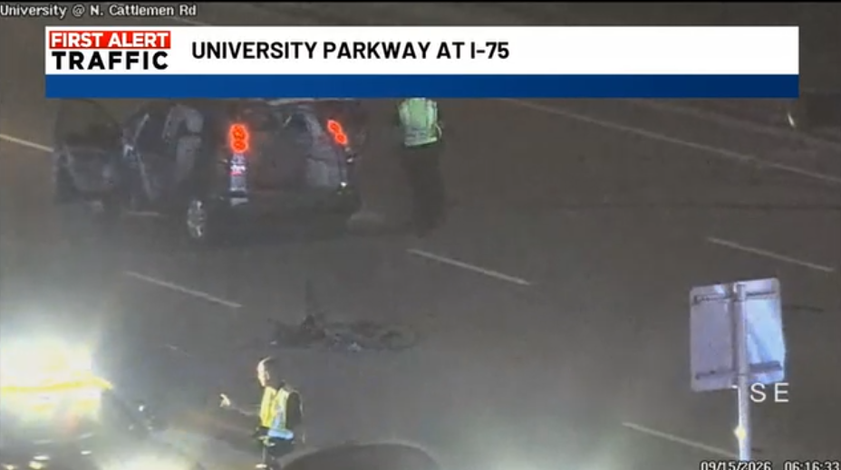Primeiro alerta de trânsito: acidente fecha faixas na University Parkway e Cattlemen Road