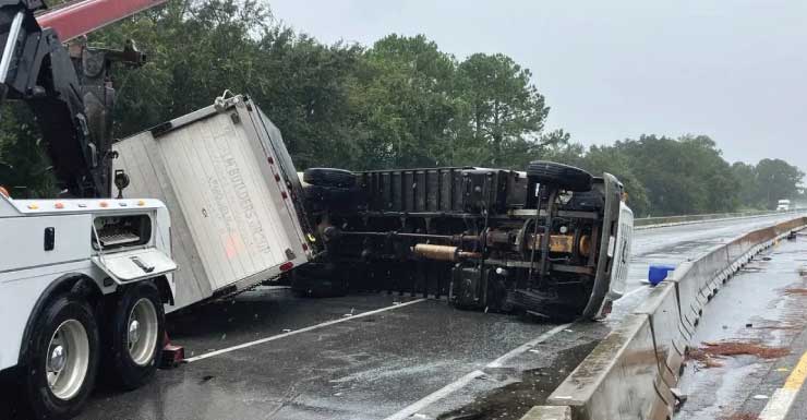 Caminhão-trator que rebocava outro caminhão tomba na I-10, no Condado de Escambia